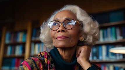 Older woman in glasses, possibly in a library or bookstore, looking thoughtful.