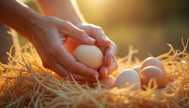 Hands gently gather fresh chicken eggs from a straw nest. Collection of organic farm eggs bathed in warm sunlight. Natural food harvesting in a rustic setting. - Powered by Adobe