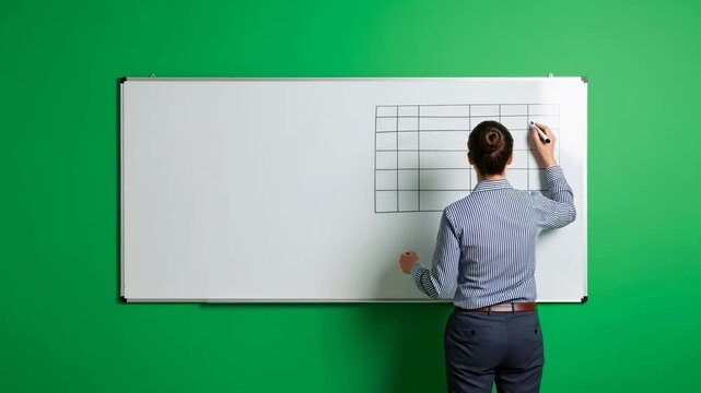 Woman drawing a blank financial table grid on a whiteboard, preparing for data entry and presentation on a green screen.