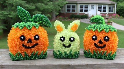 Beaded pumpkins and bunny decor, showcasing detailed craftsmanship against a blurred suburban backdrop