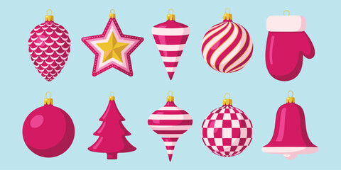 Christmas ornament illustration set, festive holiday decorations, pink themed baubles and icons, seasonal vector design, flat decorative elements