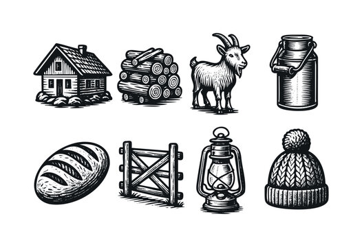 Monochrome icons depicting farmhouse-style living elements in a rustic engraving style &mdash; stock illustration.