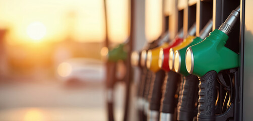 Colorful fuel nozzles stand at gas station at sunset. Dispensers offer petrol, diesel for cars. Golden light fills scene. Concept of energy, transport, travel, rising prices, auto service, driver