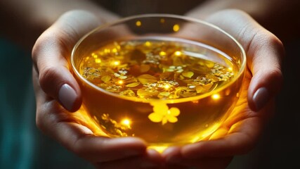 A person holds a glass of liquid with gold flakes, possibly a luxurious cocktail or special beverage