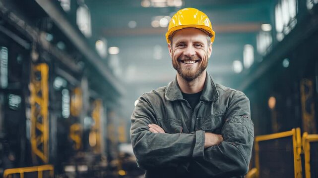 Portrait of a happy european factory worker wearing hard hat and work clothes