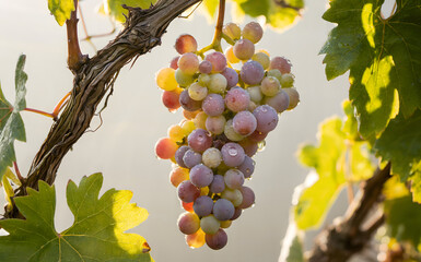 Ripe grape bunch with water drops hanging on vine, sunlit organic vineyard fruit harvest, blurred green nature background, for wine, winery, agriculture, farm, food.