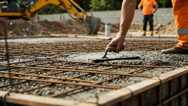 A construction worker smoothing wet concrete over a rebar grid with a trowel. Builder leveling a new building foundation. Manual labor in the construction industry