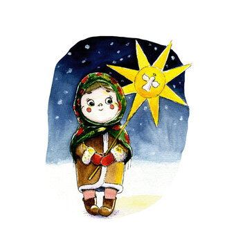 A cute watercolor illustration of a little girl, a Ukrainian caroler, holding the bright Christmas Star Zirka, celebrating Koliada night in the snow.