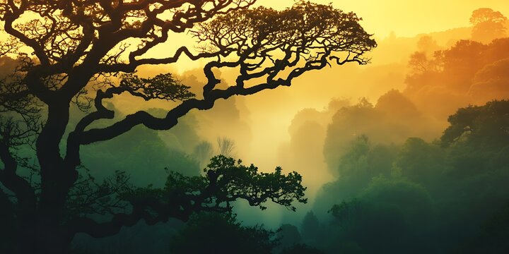 Silhouette of ancient gnarled oak tree against a misty, golden jungle sunrise or sunset - Powered by Adobe