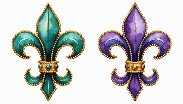 Two fleur de lis watercolor illustrations in green, purple color. Mardi Gras carnival symbols with gold decorations. Design element for party invitation, cards, prints shop display. Luxury floral