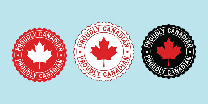 Proudly Canadian badge icons, maple leaf emblem set, patriotic Canada design, national pride symbols, flat vector illustration