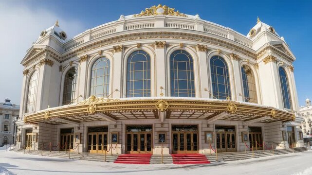 Ornate theater building facade stands majestically in winter landscape, snow on ground, red carpet welcoming visitors. Ideal for architectural features, travel destinations, or as stock footage