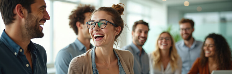 Young diverse business team laughs together at work. Colleagues smile enjoying cheerful break in modern office. Happy group shows positive company culture, good interaction, pro bonding, strong team