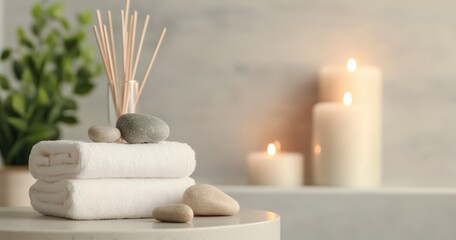 Spa treatment setting featuring folded white towels, smooth massage stones, a reed diffuser, and lit candles creating a serene atmosphere with copy space