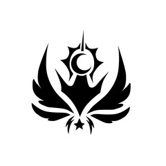 Majestic black and white winged emblem featuring a stylized sun, crescent moon, and star. Ideal for celestial brands, spiritual logos, fantasy games, or luxurious apparel.