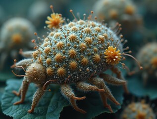 Surreal insect creature with fungal growths on green leaf