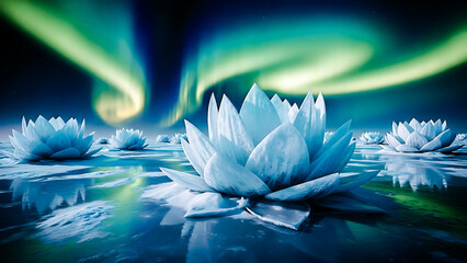 Ice lotus flowers float on water under aurora borealis with reflections frozen flower