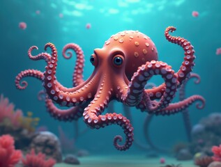 Cute cartoon octopus swimming underwater near coral reef