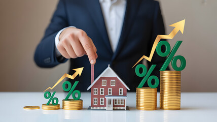 Real estate investment concept with house model, ascending coin stacks and upward growth arrows