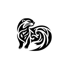 A dynamic, black and white tribal-style illustration of an otter standing with its tail curled in a swirling pattern, featuring decorative lines and a stylized fur texture.