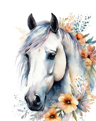 Horse with Flowers Watercolor PNG Illustration.