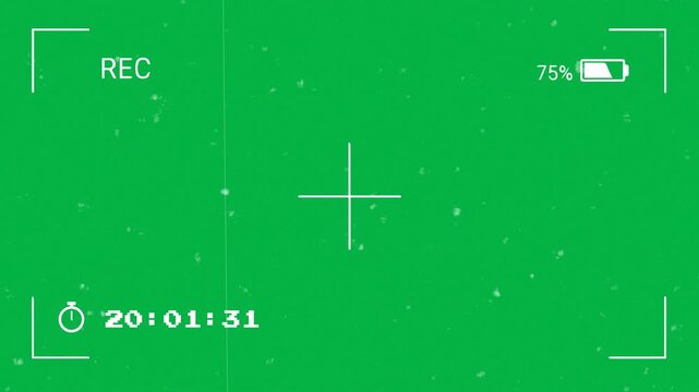 Retro Camera Viewfinder Recording Overlay with Timecode and Battery Icon on Green Screen. Vintage VHS Camcorder Interface with Glitch Effect and Film Grain on Chroma Key