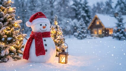 Obraz premium Charming snowman wearing Santa hat and red scarf stands by glowing lights in a magical snowy winter landscape