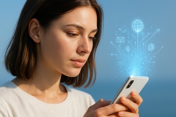 Woman with phone and Tech Interface: a woman gazing into the phone, connected with the technology, surrounded by an array of symbols signifying the digital realm