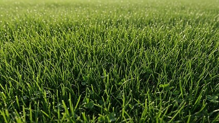 Dewy green grass field in soft morning light drops