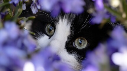 Black and white cat's intense gaze peers through vibrant purple flowers