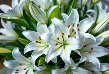 Fototapeta premium Elegant white lilies arranged in a lush bouquet, funeral flowers, petals