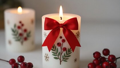 Christmas candle with red bow and festive decorations