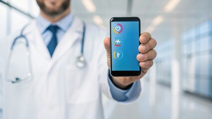 A healthcare professional holds a smartphone displaying health-related app icons in a modern medical setting.
