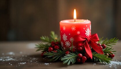 Christmas candle with red bow and festive decorations