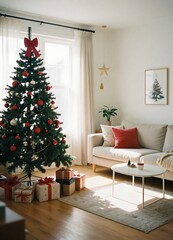Christmas tree in a cozy living room with gifts and sofa
