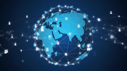 Abstract representation of a global network showing interconnected people and data nodes around the Earth, symbolizing worldwide communication, technology, and digital collaboration - Powered by Adobe