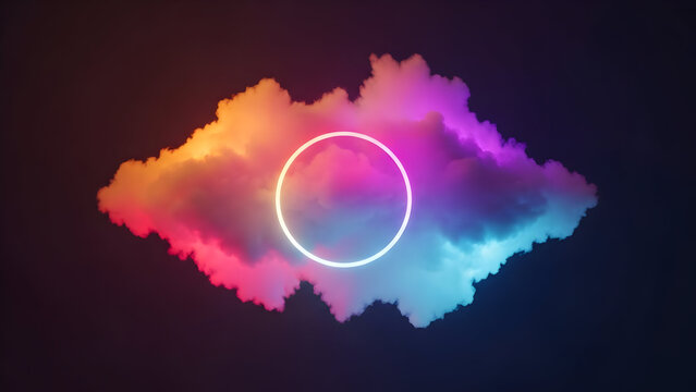 Stunning neon circle hovers within vibrant, multicolored dreamlike cloud against dark digital sky background - Powered by Adobe
