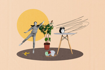 Collage showing man woman hopusehold life work balance cleaning time toward clock water dispenser dragging trash behind