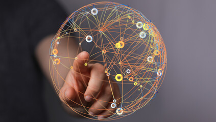 Abstract conceptual image depicting digital data and connectivity using a human finger pointing at a global network model. Symbolizes