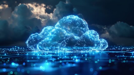 Digital cloud storage icon made of clean glowing lines on blue futuristic digital technology concept background high resolution stock photo