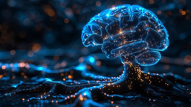 Digital brain neural network glowing in blue tones on black bac futuristic digital technology concept background high resolution stock photo - Powered by Adobe