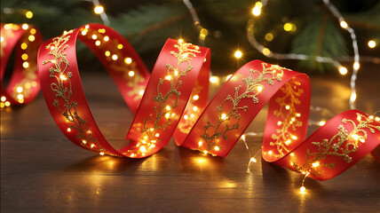 Red festive ribbon with glowing golden pattern and sparkling fairy lights on wooden background