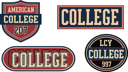 Collection of vintage-style academic emblem designs featuring various college themes and text elements, ideal for educational branding and identity projects