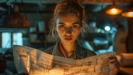 Blueprint Reflection: An individual deeply engrossed in studying construction plans, illuminated by a warm light in a workshop, showcasing the focus on architectural design and building