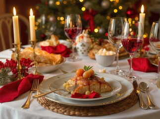 Elegant Christmas Dinner Table Setting with Delicious Holiday Dish