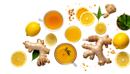 Overhead view of a black background with healthy drink ingredients