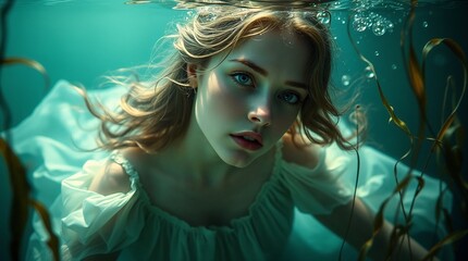 Girl in a dark magical mood drowning underwater representing the Czech fairy tale “The Waterman” against an aquatic background