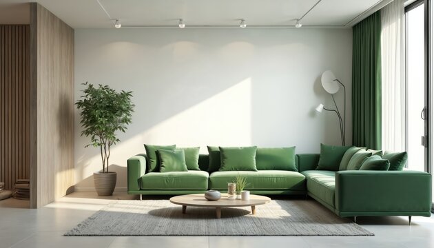 Stylish modern apartment interior rendered in three dimensions. Green velvet sofa dominates spacious living room with beige rug, wooden furniture. Natural light illuminates space featuring plants,
