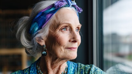 Older woman wearing a blue scarf and purple bandana, looking out a window with a contemplative expression.