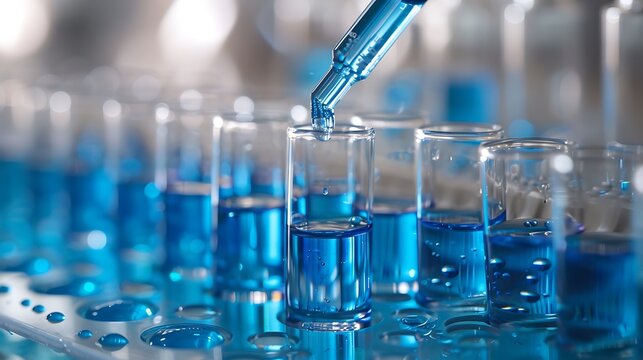 Laboratory pipette dropping blue liquid into glass tube on ligh medical healthcare concept professional background high resolution stock photo